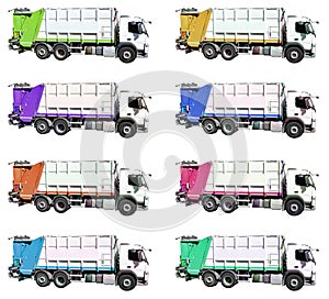 Colourful garbage trucks on white background