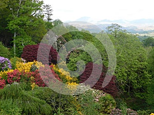 The colourful garden panorama of Muncaster Castle