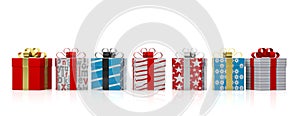 Colourful gift boxes with shiny ribbons on white background. 3d illustration