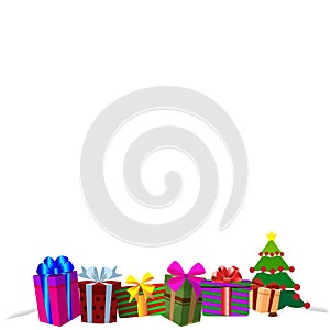 Colourful gift boxes on white snow, Christmas or new year border frame background.