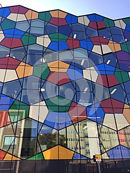 Colourful glass windows of an office building