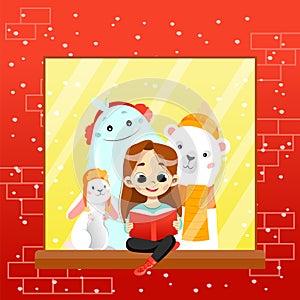 Colourful Gradient Illustration In Cartoon Flat Style. Vector Composition With Smiling Characters Looking In Book. Happy