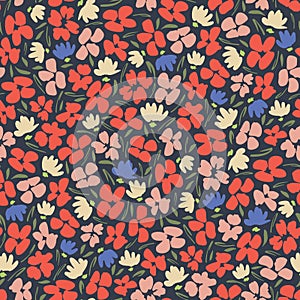 Colourful graphic ditsy gestural blooms and foliage on dark background vector seamless pattern. Floral Texture
