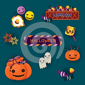 Colourful Halloween greeting card with jack o` lantern and cute halloween elements.