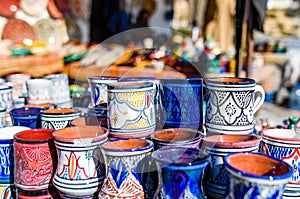 Colourful hand made cups and plates,imsouane,morocco