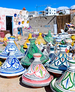 Colourful hand made tagine dishes and plates,imsouane,morocco