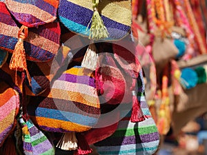 Colourful, handmade cloth bags on sale in medina, Essaouira, Morocco