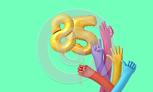 Colourful hands holding a happy 85th birthday party balloon. 3D Rendering