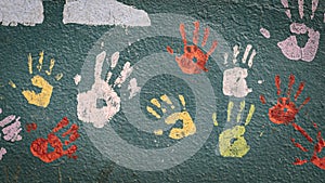 Colourful hands painted on a grey textured wall