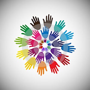Colourful Hands on white background in Circle, Concept of spreading joy and happiness also illustrates concept of symbol photo