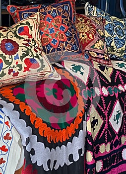 Colourful, handwoven patterned cushions and covers on sale, Uzbekistan