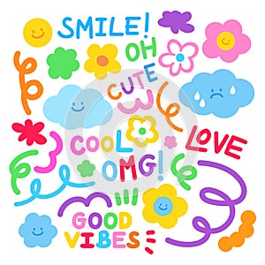 Colourful, happy and cute elements of smile faces, cloud, good vibe text, flowers, rainbow abstract doodles.