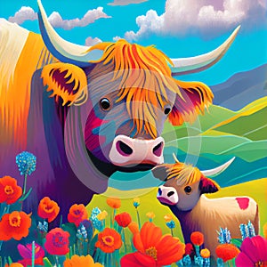 Colourful Highland cow and calf painting