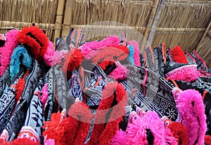 Colourful Hilltribe children embroiderly costume in kiosk in Chiangmai , Northern Thailand