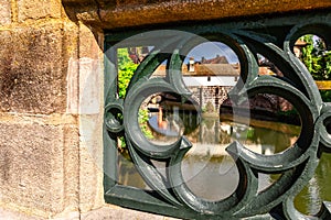 Colourful historic old town with half-timbered houses of Nuremberg. Bridges over Pegnitz river. Nurnberg, eastern