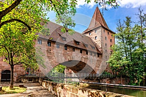 Colourful historic old town with half-timbered houses of Nuremberg. Bridges over Pegnitz river. Nurnberg, eastern