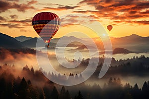 Colourful hot air balloon floating over distant fields and meadows covered with fog on sunny sunrise