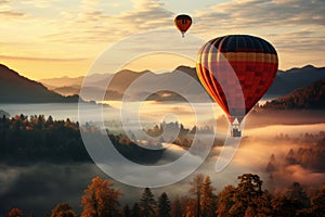 Colourful hot air balloon floating over distant fields and meadows covered with fog on sunny sunrise