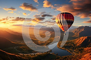 Colourful hot air balloon floating over distant fields and meadows covered with fog on sunny sunrise