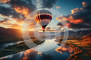 Colourful hot air balloon floating over distant fields and meadows covered with fog on sunny sunrise