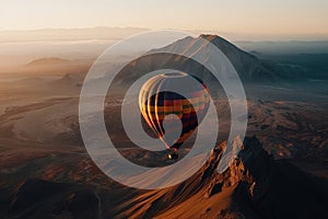 Colourful hot air balloon floating over distant hills and mountains on sunset. Generative AI