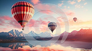 Colourful hot air balloons flying over the mountain in the haze at dawn. Travel concept. Generative AI
