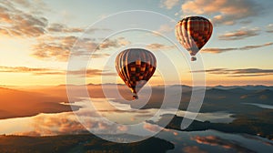 Colourful hot air balloons flying over the mountain in the haze at dawn. Travel concept. Generative AI