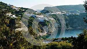 Colourful houses at cliffs of Cala dell Acqua on Ponza Island in Italy