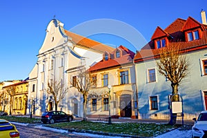 Colourful houses on the Main street of Kezmarok, Slovakia, a small town in Spis region