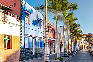 Colourful houses, palm on street Puerto de la Cruz town Tenerife Canary Islands