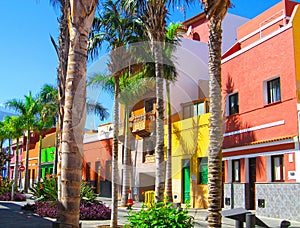 Colourful houses and palm trees on street in Puerto de la Cruz town, Tenerife, Canary Islands, Spain. view of volcano Teide