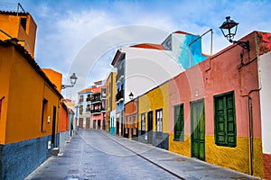 Colourful houses on street in Puerto de la Cruz town, Tenerife,