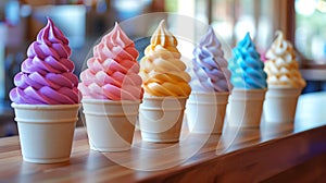 Colourful ice cream in paper cup on wooden table