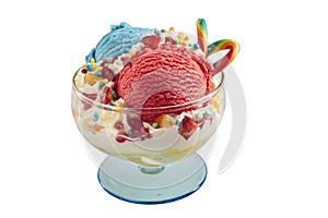 Colourful ice-cream sundae on white background photo