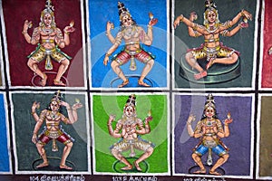 Colourful idols painted on the inner wall Sarangapani Temple, Kumbakonam, Tamil Nadu, India