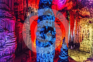 Colourful illuminated Cave of Arta, Mallorca