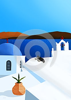 Colourful Illustration Greece Santorini