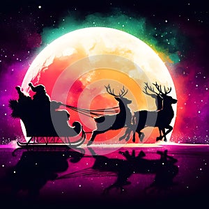 Colourful illustration of Santa Claus riding his sleigh with three reindeer with a glowing moon in the background.