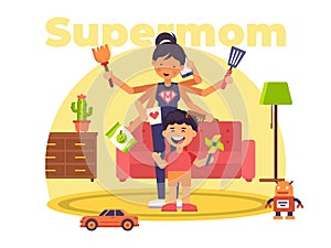 A colourful illustration of a supermom who has superpowers