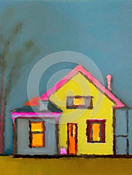 Colourful impressionist oil painting of a house.