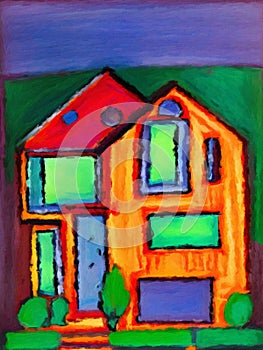Colourful impressionist oil painting of a house.