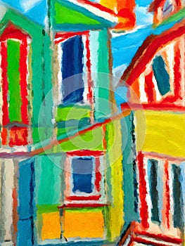 Colourful impressionist oil painting of a house.