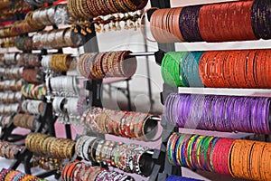 Colourful Indian bangles on display at market