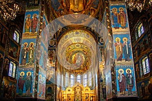 Colourful interior and mosaics in the Church of the Savior on Spilled Blood in St Petersburg, Russia