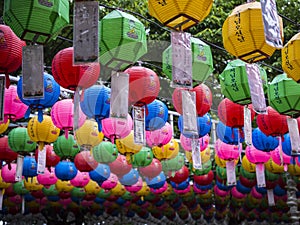 Colourful Korean lanterns around Bunhwangsa pagoa in Gyeongju, South Korea.