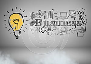 Colourful lightbulb and Businessman with business graphics drawings