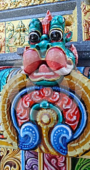 Colourful lion guardian stucco of Mahamariamman temple on Silom Road Bangkok , Famously called as Wat Khaek , Uma devi temple