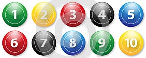 Colourful lottery balls 1-10, isolated, vector illustration