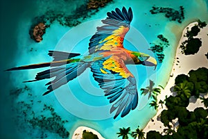 Colourful macaw parrot flying in the blue sky. AI Generative