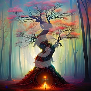 Colourful magic tree in a forest, created with AI generative tools